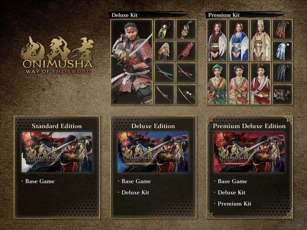 Official Onimusha: Way of the Sword editions comparison — Deluxe Kit and Premium Kit contents beside the Standard, Deluxe and Premium Deluxe tiers