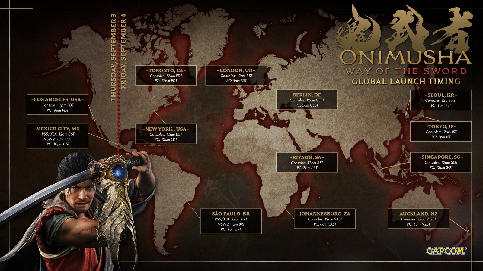 Capcom's official Onimusha: Way of the Sword global launch timing map — console unlocks at local midnight September 4, PC at 9 PM PDT September 3 worldwide
