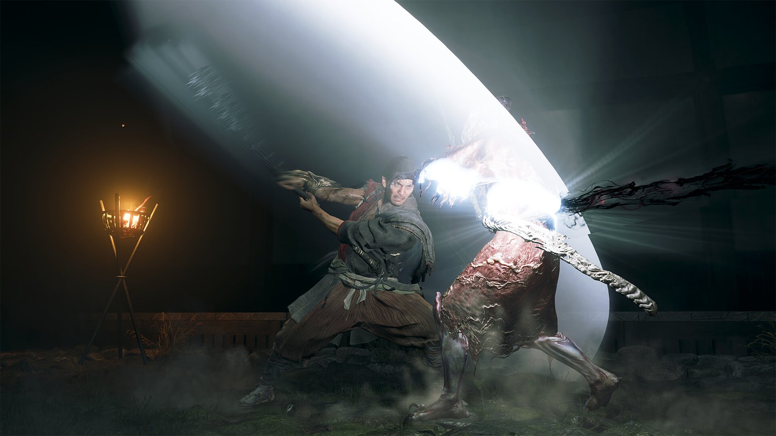 Musashi lands an Issen counter, carving a massive white blade arc through a Genma in Onimusha: Way of the Sword