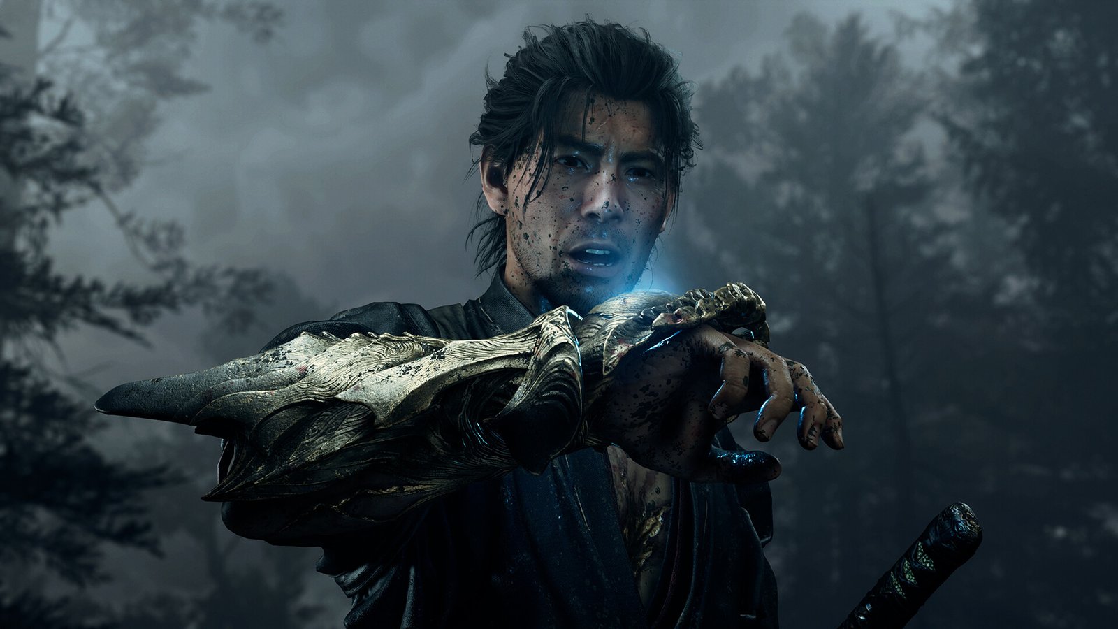 Young Miyamoto Musashi — face-modeled on Toshiro Mifune — stares at the Oni Gauntlet fused to his arm in Onimusha: Way of the Sword