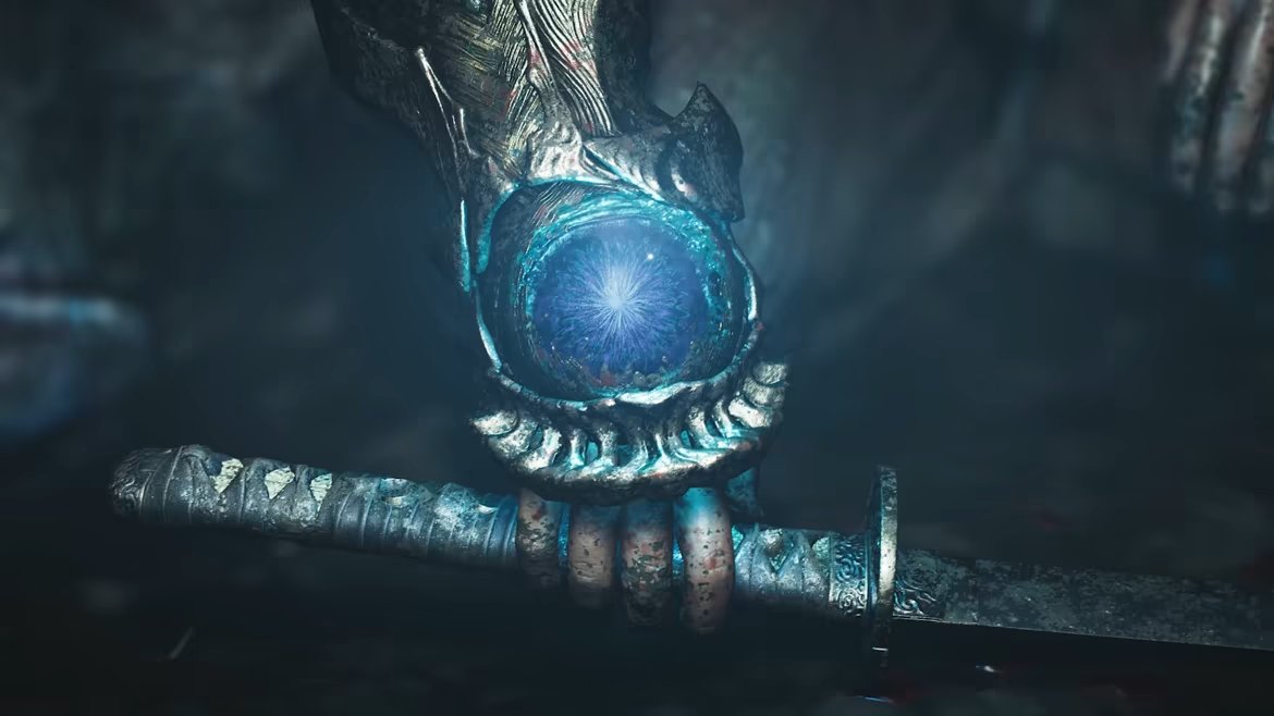 The Oni Gauntlet gripping Musashi's katana with its blue soul core glowing — the soul-drinking weapon at the heart of Onimusha: Way of the Sword