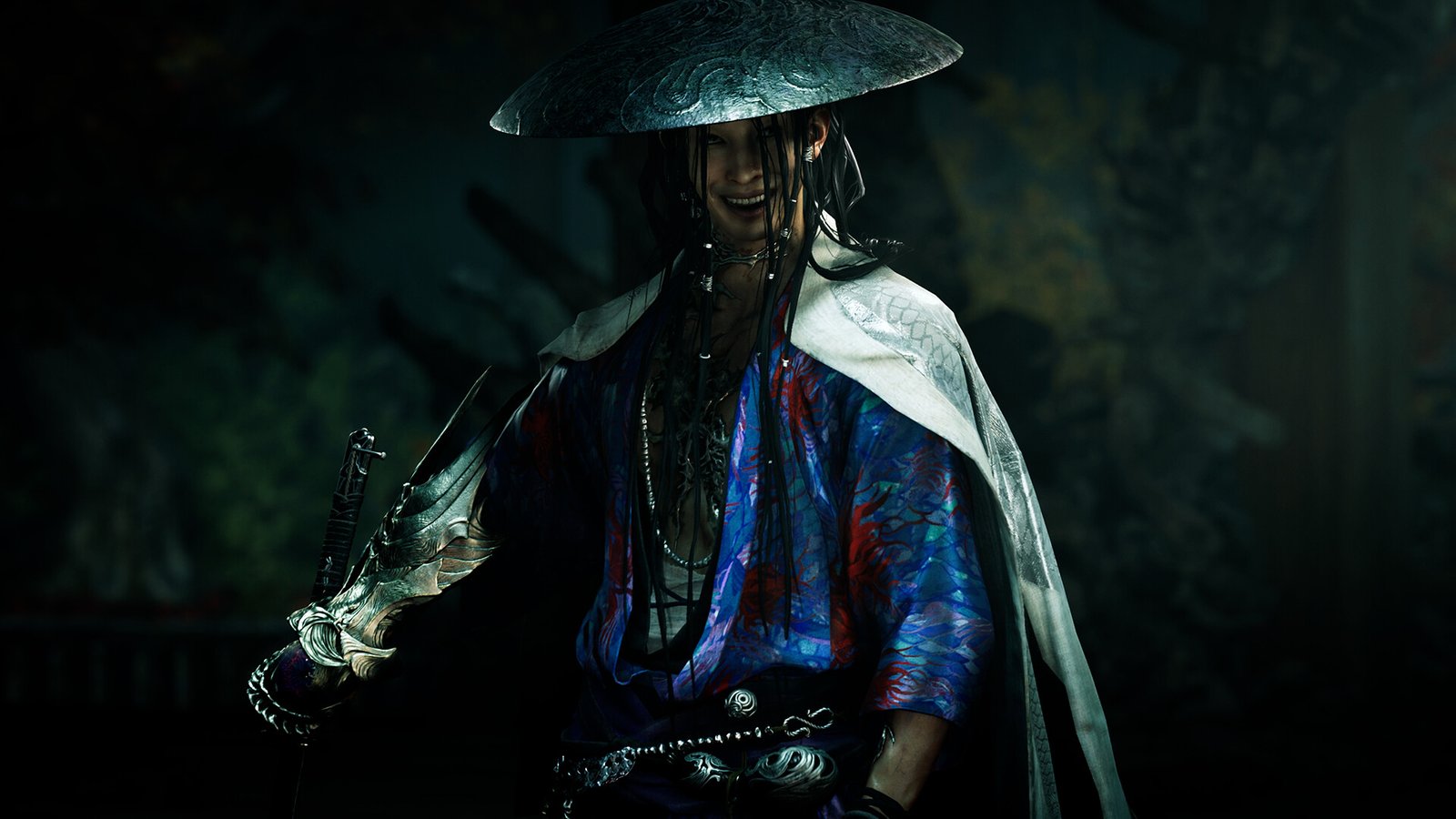 Sasaki Ganryu, the Onimusha: Way of the Sword demo boss, grinning beneath his metal kasa hat