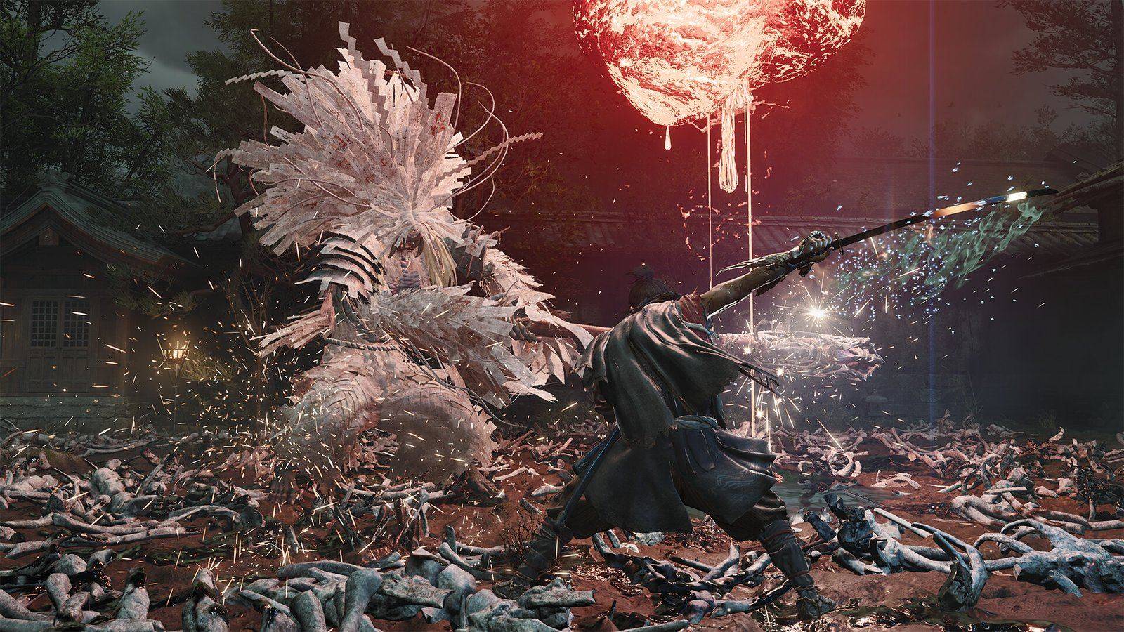 Musashi swings his katana at a towering white ofuda-draped beast Genma beneath a blood-red orb in Onimusha: Way of the Sword